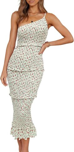 PRETTYGARDEN Women's Summer Midi Bodycon Dresses One Shoulder Strappy Tiered Ruffle Floral Boho Sun Dress in Kuwait