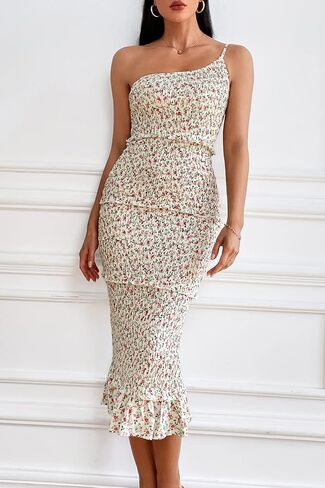 PRETTYGARDEN Women's Summer Midi Bodycon Dresses One Shoulder Strappy Tiered Ruffle Floral Boho Sun Dress in Kuwait