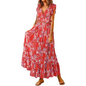 Dokotoo Women's Boho Dress Deep V Neck 2 Piece Skirt Sets Ruffle Cap Sleeve Tie Waist Wrap Chiffon Flowy Maxi Dresses