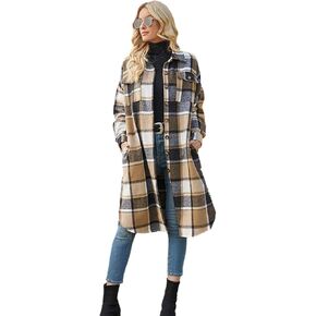 PUWEI Women's Casual Lapel Button Down Long Plaid Shirt Coat Tartan Shacket Jacket in Kuwait
