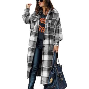 PUWEI Women's Casual Lapel Button Down Long Plaid Shirt Coat Tartan Shacket Jacket