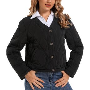 Hujoin Puffer Jacket Womens Casual Long Sleeves V-neck Puffy Padded Short Button Winter Coats for Women Fashion in Kuwait