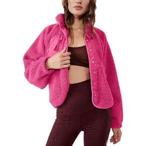QIBABU Womens Fuzzy Fleece Jacket Long Sleeve Winter Short Coats Warm Button Down Sherpa Fleece Jackets Shacket