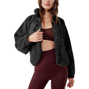 QIBABU Womens Fuzzy Fleece Jacket Long Sleeve Winter Short Coats Warm Button Down Sherpa Fleece Jackets Shacket in Saudi Arabia