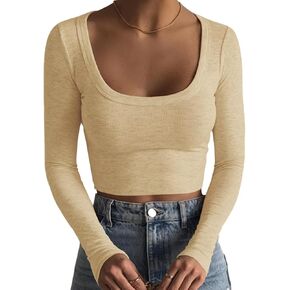 Artfish Women's Square Neck Long Sleeve Ribbed Slim Fitted Casual Basic Crop Top in Saudi Arabia