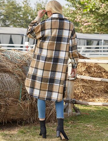 سترة نسائية كاجوال من PUWEI ذات طية صدر السترة وأزرار سفلية طويلة منقوشة ومعطف تارتان in Kuwait