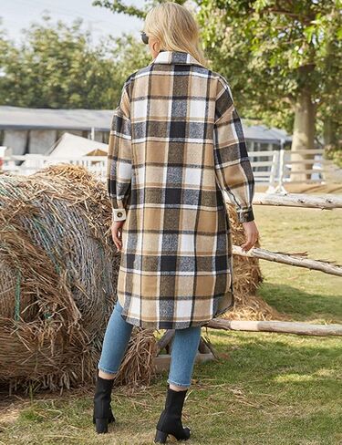 سترة نسائية كاجوال من PUWEI ذات طية صدر السترة وأزرار سفلية طويلة منقوشة ومعطف تارتان in Kuwait