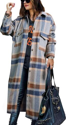 PUWEI Women's Casual Lapel Button Down Long Plaid Shirt Coat Tartan Shacket Jacket in Saudi Arabia