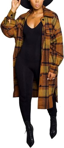 PUWEI Women's Casual Lapel Button Down Long Plaid Shirt Coat Tartan Shacket Jacket in Saudi Arabia