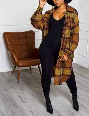 PUWEI Women's Casual Lapel Button Down Long Plaid Shirt Coat Tartan Shacket Jacket in Saudi Arabia