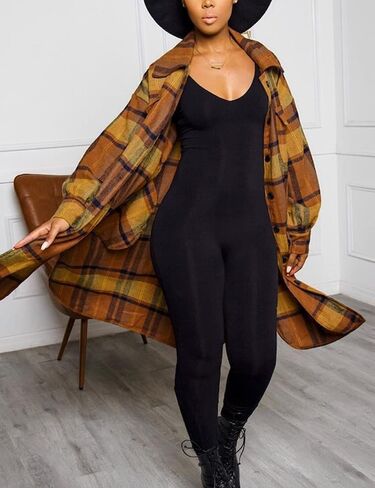 PUWEI Women's Casual Lapel Button Down Long Plaid Shirt Coat Tartan Shacket Jacket in Saudi Arabia