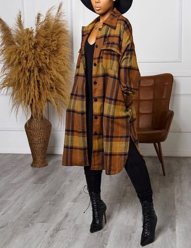 PUWEI Women's Casual Lapel Button Down Long Plaid Shirt Coat Tartan Shacket Jacket in Saudi Arabia