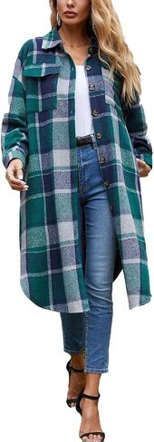 PUWEI Women's Casual Lapel Button Down Long Plaid Shirt Coat Tartan Shacket Jacket in Saudi Arabia