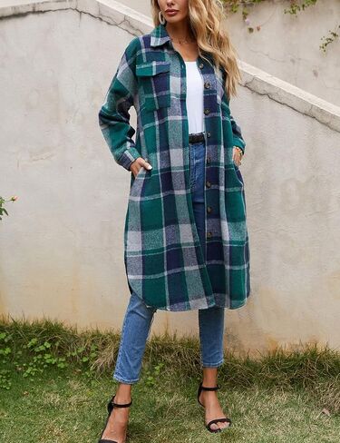 PUWEI Women's Casual Lapel Button Down Long Plaid Shirt Coat Tartan Shacket Jacket in Saudi Arabia