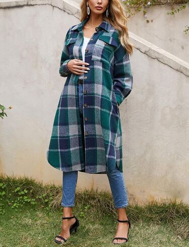 PUWEI Women's Casual Lapel Button Down Long Plaid Shirt Coat Tartan Shacket Jacket in Saudi Arabia