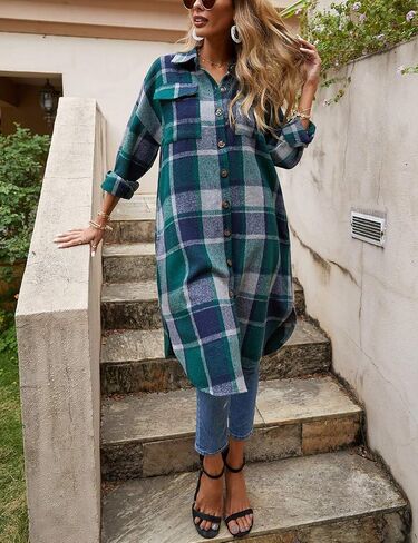 PUWEI Women's Casual Lapel Button Down Long Plaid Shirt Coat Tartan Shacket Jacket in Saudi Arabia