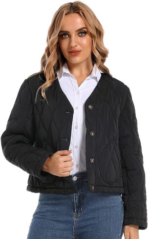 Hujoin Puffer Jacket Womens Casual Long Sleeves V-neck Puffy Padded Short Button Winter Coats for Women Fashion in Kuwait