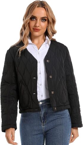 Hujoin Puffer Jacket Womens Casual Long Sleeves V-neck Puffy Padded Short Button Winter Coats for Women Fashion in Kuwait