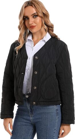 Hujoin Puffer Jacket Womens Casual Long Sleeves V-neck Puffy Padded Short Button Winter Coats for Women Fashion in Kuwait
