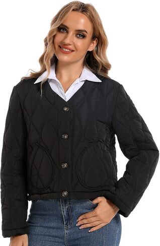 Hujoin Puffer Jacket Womens Casual Long Sleeves V-neck Puffy Padded Short Button Winter Coats for Women Fashion in Kuwait