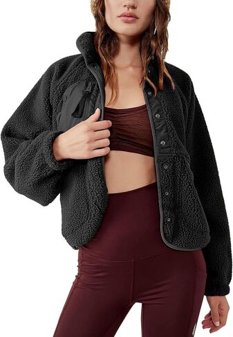 QIBABU Womens Fuzzy Fleece Jacket Long Sleeve Winter Short Coats Warm Button Down Sherpa Fleece Jackets Shacket in Saudi Arabia