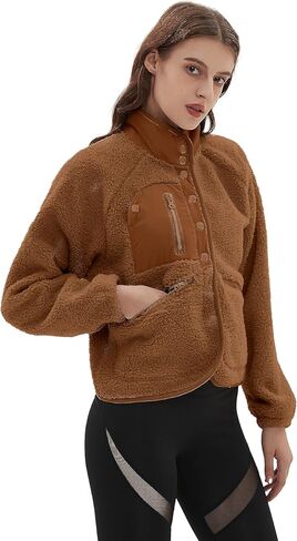 QIBABU Womens Fuzzy Fleece Jacket Long Sleeve Winter Short Coats Warm Button Down Sherpa Fleece Jackets Shacket in Kuwait