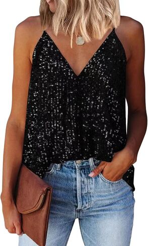 miduo Womens Tank Tops Casual Fashion V Neck Strappy Sequin Sparkle Shimmer Camisole Sleeveless Tanks Tops in Saudi Arabia