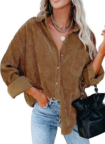 Astylish Women Corduroy Shirts Casual Long Sleeve Button Down Blouses Top in Kuwait