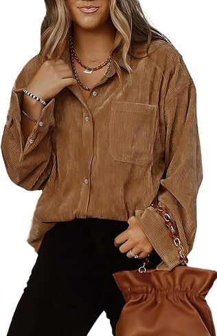 Astylish Women Corduroy Shirts Casual Long Sleeve Button Down Blouses Top in Kuwait