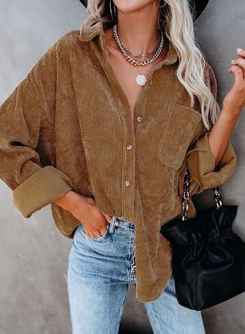 Astylish Women Corduroy Shirts Casual Long Sleeve Button Down Blouses Top in Kuwait