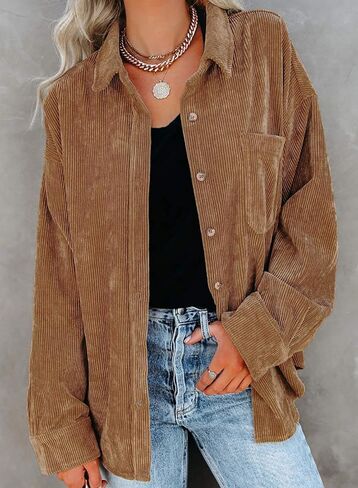 Astylish Women Corduroy Shirts Casual Long Sleeve Button Down Blouses Top in Kuwait