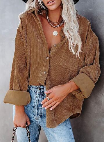 Astylish Women Corduroy Shirts Casual Long Sleeve Button Down Blouses Top in Kuwait