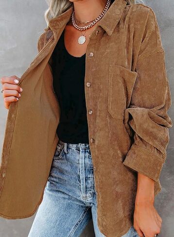 Astylish Women Corduroy Shirts Casual Long Sleeve Button Down Blouses Top in Kuwait