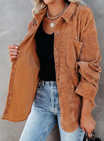 Astylish Women Corduroy Shirts Casual Long Sleeve Button Down Blouses Top in Kuwait