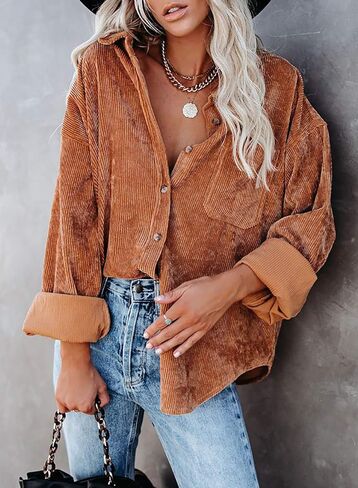 Astylish Women Corduroy Shirts Casual Long Sleeve Button Down Blouses Top in Kuwait