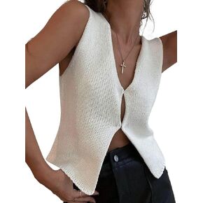 Women Y2k Crochet Vest Top Vintage Solid Color V Neck Sleeveless Button Down Crop Tops Streetwear