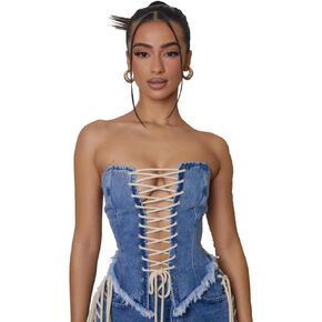 Kvor Women Vest Chic Shoulder Lady Corset Tube Top Sexy Jeans Camisole Top Denim Crop Top