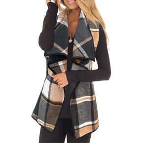 YACUN Women Vest Lapel Open Front Buffalo Plaid Sleeveless Cardigan Jacket Coat with Pockets