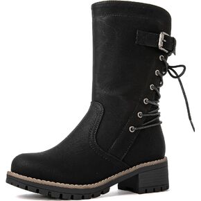 GLOBALWIN Women's Biker Boots Lace up Mid Calf Motorcycle Fashion Festival Boots Combat Riding Military Boots for Women
