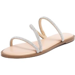 REDTOP Women's Rhinestone Flat Sandals Slip on Open Toe Memory Foam Sandals Slide Sandals for Women