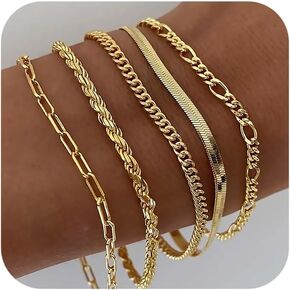DEARMAY Gold Bracelets for Women Waterproof, 14K Real Gold Plated Jewelry Sets for Women Trendy Thin Dainty Stackable Cuban Link Paperclip Chain Bracelet Pack Fashion Accessories Gifts for Women Girls