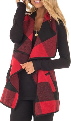 YACUN Women Vest Lapel Open Front Buffalo Plaid Sleeveless Cardigan Jacket Coat with Pockets in Kuwait