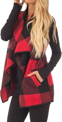 YACUN Women Vest Lapel Open Front Buffalo Plaid Sleeveless Cardigan Jacket Coat with Pockets in Kuwait