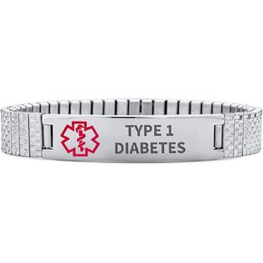 Bling Jewelry Unisex Personalized Medical Identification Medical ID Stretch Link Bracelet for Women Teens Silver Tone Stainless Steel Adjustable Custom Engraved