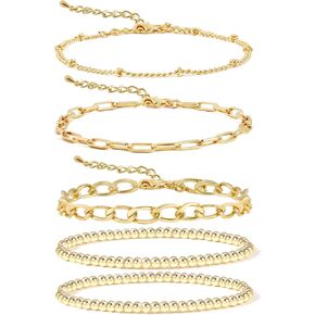 14K Gold Beaded Bracelets for Women,Dainty Gold Plated Chain Link Bracelet Stretchable Adjustable Bracelet……