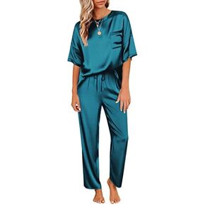 Ekouaer Womens Satin Silky Pajama Set Short Sleeve Shirt with Long Pajama Pant Set Soft PJ Loungewear in Saudi Arabia