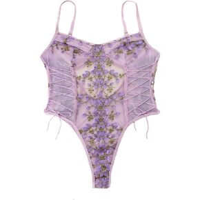 Lilosy Women Sexy Lace Up Floral Embroidered Teddy Lingerie Bodysuit Top Mesh Sheer One Piece in Saudi Arabia