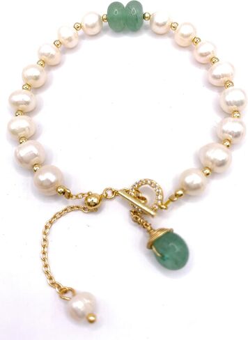 EVOLS Pearl اليشم سوار قابل للتعديل حجر الأخضر الباروك مجوهرات ذهبية اللون لينك سحر النغمة. يأتي مع تغليف مخصص. هدية رائعة لها لجميع المناسبات., بيرل in Saudi Arabia