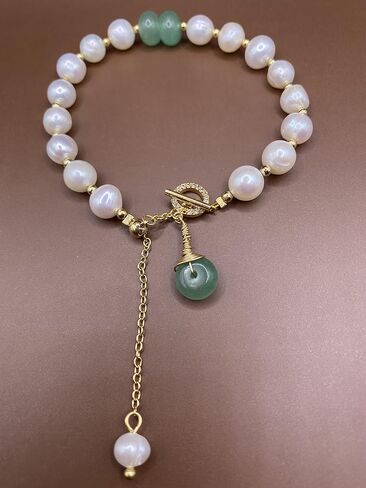 EVOLS Pearl اليشم سوار قابل للتعديل حجر الأخضر الباروك مجوهرات ذهبية اللون لينك سحر النغمة. يأتي مع تغليف مخصص. هدية رائعة لها لجميع المناسبات., بيرل in Saudi Arabia