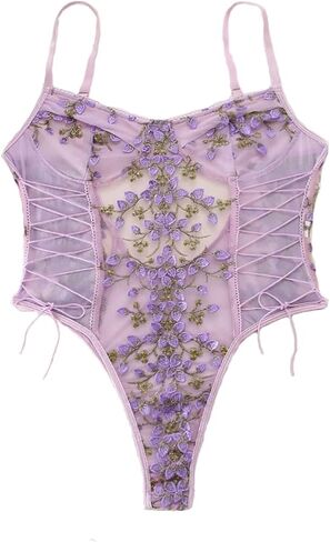 Lilosy Women Sexy Lace Up Floral Embroidered Teddy Lingerie Bodysuit Top Mesh Sheer One Piece in Kuwait